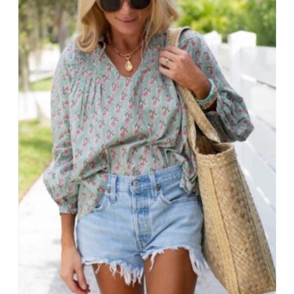 Marea Elizabeth Top Womens Small Green Pink Floral V Neck Cotton Boho - Picture 1 of 10